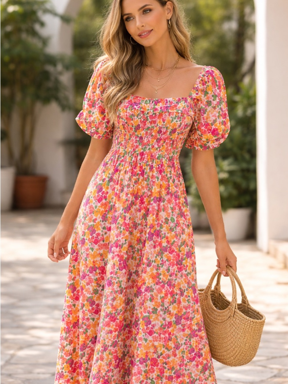 Smocked Puff Sleeve Floral Maxi Dress - Pink Multi